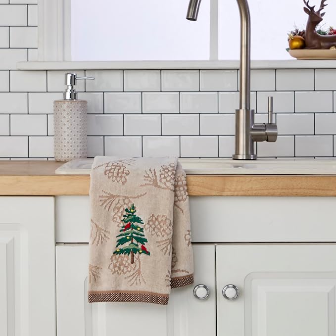 SKL Home Christmas/Winter Seasonal Fir Hand Towel Set-2pc, Wheat | 100% Cotton. Soft & absorbent pinecone jacquard with embroidery. Great for the bathroom, kitchen or bar & holiday gifting.