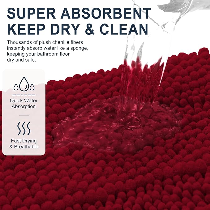 Smiry Thick Chenille Bathroom Runner Rugs 44x24, Absorbent Bath Mat, Red | Quick‑Dry & Machine Washable, Non‑Slip Bath Carpet, Soft Striped Bath Rugs for Tub & Shower, Modern Home Decor Accessories