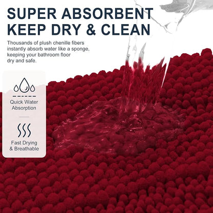 Smiry Thick Chenille Bathroom Runner Rugs 44x24, Absorbent Bath Mat, Red | Quick‑Dry & Machine Washable, Non‑Slip Bath Carpet, Soft Striped Bath Rugs for Tub & Shower, Modern Home Decor Accessories