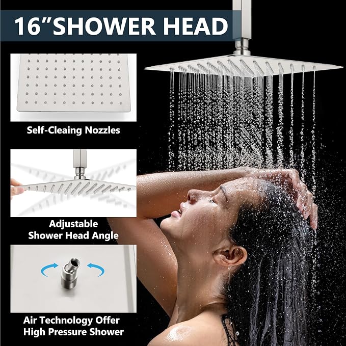 Aolemi Ceiling Shower Faucet Set System Dual Head 16&6 Inch Brushed Nickel | 2 in 1 Handheld Spray,Shower Valve and Trim Kit,Push Button Diverter, 16"Top+6" Wall Rain Head,Bathroom Mixer for Couple