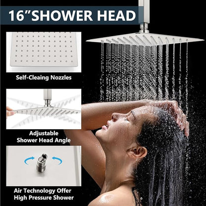 Aolemi Ceiling Shower Faucet Set System Dual Head 16&6 Inch Brushed Nickel | 2 in 1 Handheld Spray,Shower Valve and Trim Kit,Push Button Diverter, 16"Top+6" Wall Rain Head,Bathroom Mixer for Couple