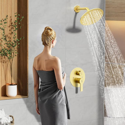 Shower Faucet Set Brass 8IN Rough-In Valve Body Trim Kit Rainfall Included Handle Accessories Complete 2 Functions with Rain Head and Handheld Bathroom Systems (8‘’, Brushed Gold)