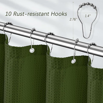 60 inch Waffle Shower Curtain - Heavy Duty Thick Fabric Green Shower Curtains for Bathroom, Weighted Hotel Spa Luxury Water Repellent Cloth Bath Curtain with 10 Hooks, 60Wx72H