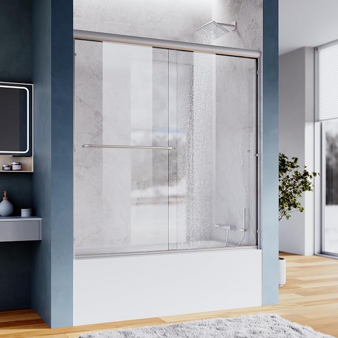 SUNNY SHOWER Glass Sliding Shower Door for Bathtub 60 W x 57.4 H inches Double Sliding Shower Bath-Tub Door 1/4 inches Clear Glass Shower Enclosure Doors for Bathroom with Brushed Nickel Finish