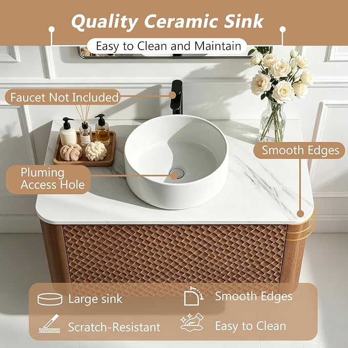 48 Inch Modern Bathroom Vanity with Ceramic Sink, Floating Bathroom Sink Cabinet with Sintered Stone Top&Solid Wood Hammered Frame, Single Bathroom Vanities w/Soft-Close Drawer&IDE Open Cube