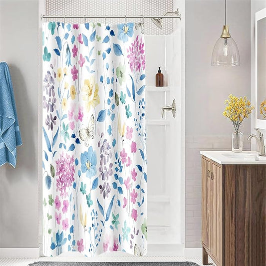 Small Stall Shower Curtain 36 x 72 Inch, Half Narrow Blue Pink Floral Shower Curtains for Bathroom, Watercolor Flower Butterfly Fabric Shower Curtain Set with Hooks
