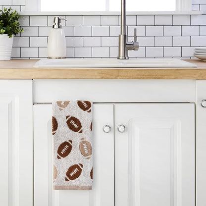 SKL Home Fall/Autumn Football Jacqaurd 100% Cotton 2pc Hand Towel Set for Bath/Kitchen/Bar & Gift, Tan