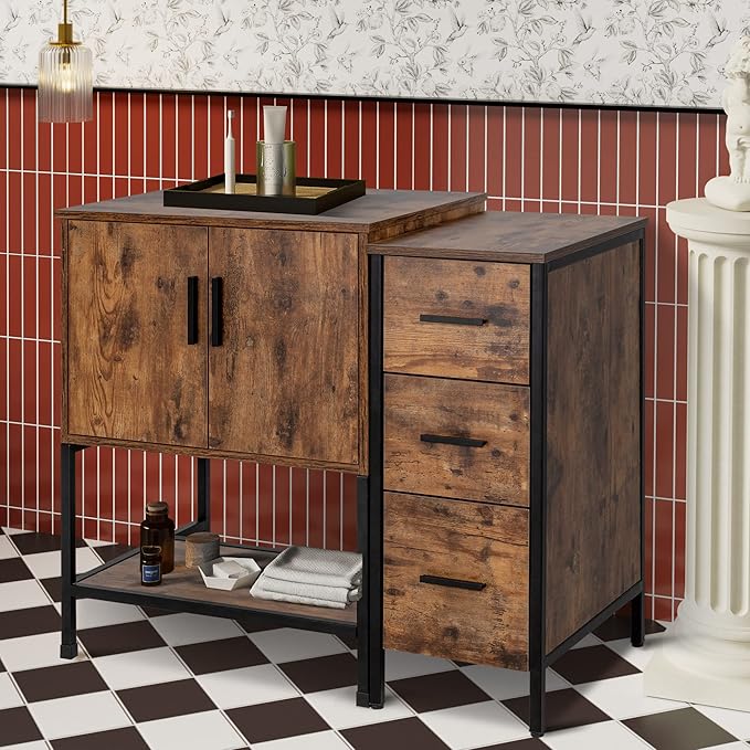 UEV 36" Antique Bathroom Vanity, Dark Brown Bathroom Vanity Set with 3 Drawers Side Cabinet Combo, Iron Wood Bathroom Cabinet for Bathroom (Without Sink)