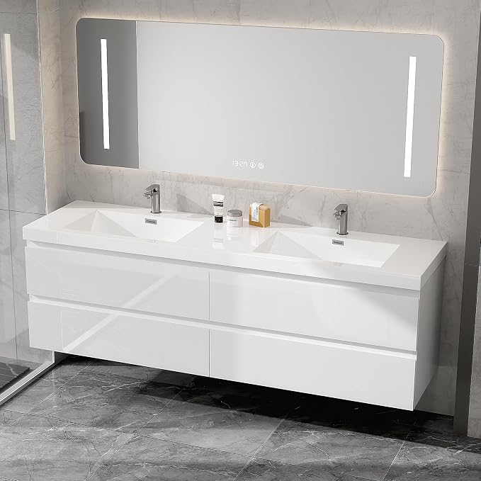 72 Inch Floating Bathroom Vanity with Double Sink, Large Storage Wall Mounted Floating Vanity with 4 Soft Close Drawers, One-Piece Basin Bathroom Sink Cabinet (Glossy White, 72 Inch double sink)