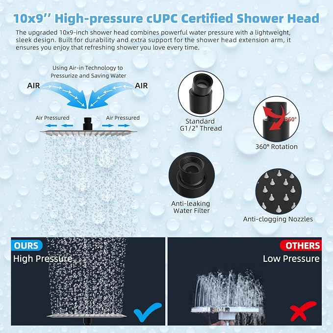 Hibbent All Metal CUPC Certified 10'' Rainfall Shower Head, Dual Shower Head Combo, High Pressure Handheld 4 Sprays Shower Wand, 16'' Adjustable Extension Arm, 71'' Hose, Shower Holder, Matte Black
