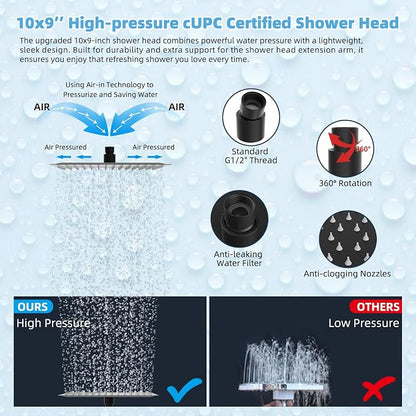 Hibbent All Metal CUPC Certified 10'' Rainfall Shower Head, Dual Shower Head Combo, High Pressure Handheld 4 Sprays Shower Wand, 16'' Adjustable Extension Arm, 71'' Hose, Shower Holder, Matte Black