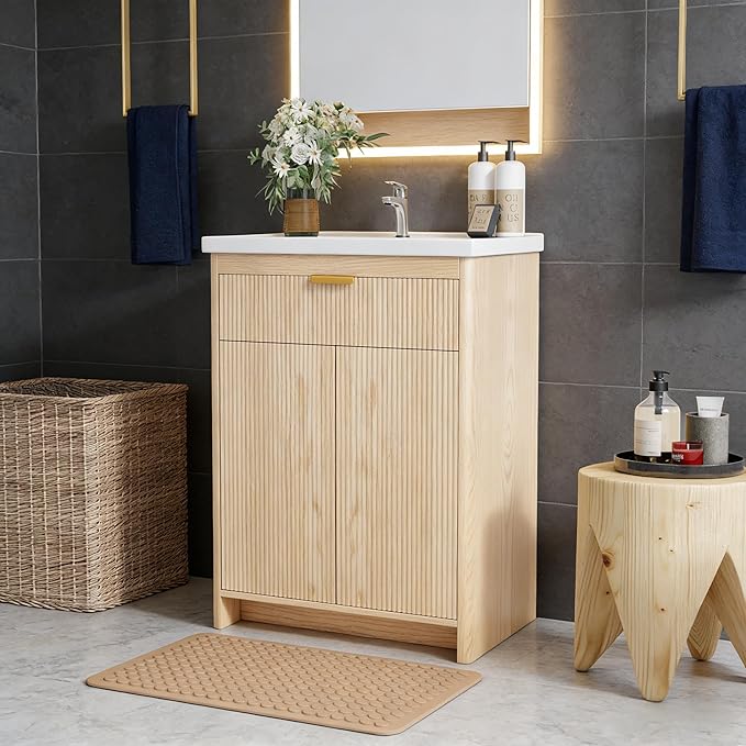 Bathroom Vanity with Sink, 24 Inch Single Bathroom Vanity with Sink with Storage Cabinet for Small Space, Freestanding Storage Bathroom Vanity with 2 Soft Closing Cabinets, Nature Wood