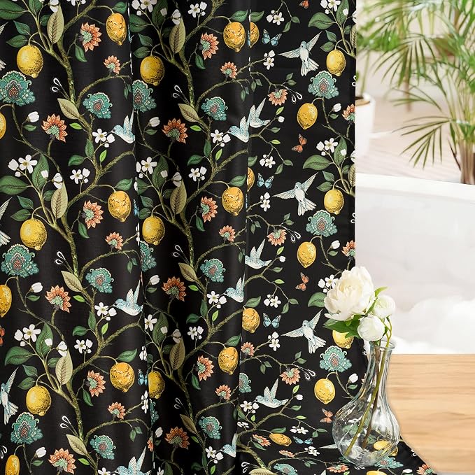 Floral Bird Shower Curtain 72x72, Hummingbird and Lemon Botanical Fabric Bath Curtains, Lightweight Quick-Dry Bathroom Decor Set with Hooks, Black