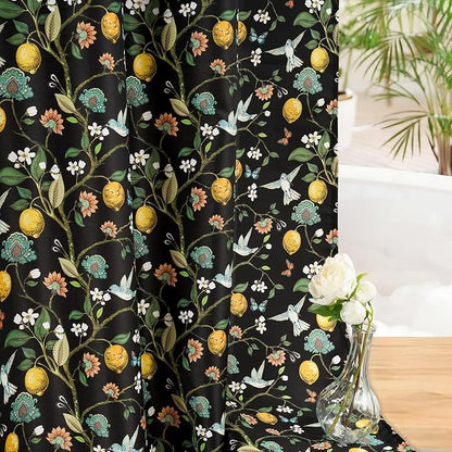 Floral Bird Shower Curtain 72x72, Hummingbird and Lemon Botanical Fabric Bath Curtains, Lightweight Quick-Dry Bathroom Decor Set with Hooks, Black