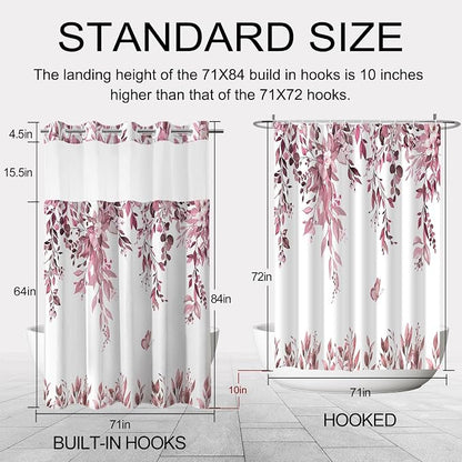 No Hook Shower Curtain and Liner Set, Dark Red Eucalyptus 71x84 | Floral Design, with Snap in Liner, See-Through Top Window, Waterproof, Machine Washable, Quick-Drying, for Hotel Bathroom
