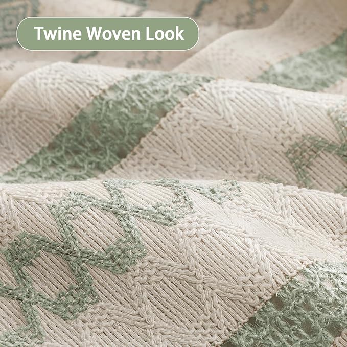 Sage Green Boho Linen Shower Curtain,72" W x 78" L | Linen Striped Print and Twine-Inspired Woven Center for Bathroom