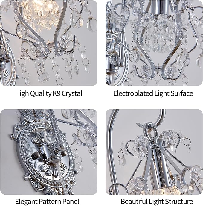 Silver Crystal Vintage Indoor Plug in Cord Wall Sconces Light Set of 2 | Modern Wall Mounted Lamp Light Fixture for Bedroom Living Room Bathroom Vanity Light Hallway Light Fixture Decor LED E12