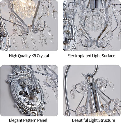 Silver Crystal Vintage Indoor Plug in Cord Wall Sconces Light Set of 2 | Modern Wall Mounted Lamp Light Fixture for Bedroom Living Room Bathroom Vanity Light Hallway Light Fixture Decor LED E12