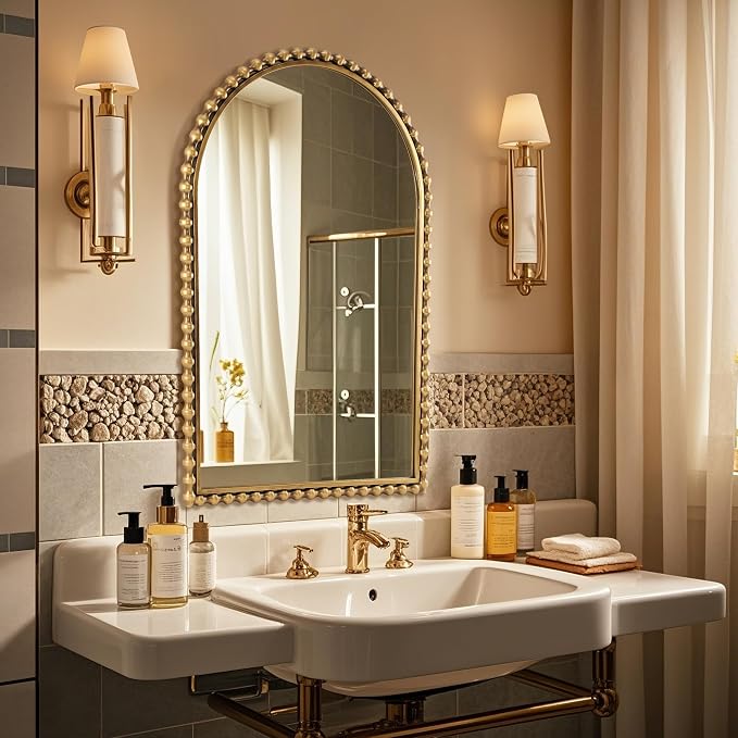 24"x36" Antique Gold Arched Bathroom Mirror, Bold Beaded Frame | Vintage decorative wall mirror for vanity, powder room, entryway, living room, bedroom, and hallway, vertical hanging