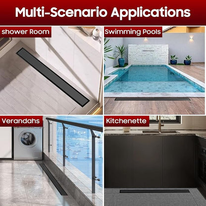 DLONE® Linear Shower Drain - 28 Inch Matte Black, with Tile Insert Pane | AISI 304 Stainless Steel Linear Drain, Rectangle Shower Floor Drain, with Adjustable Feet, Fits Bathroom & Balcony etc