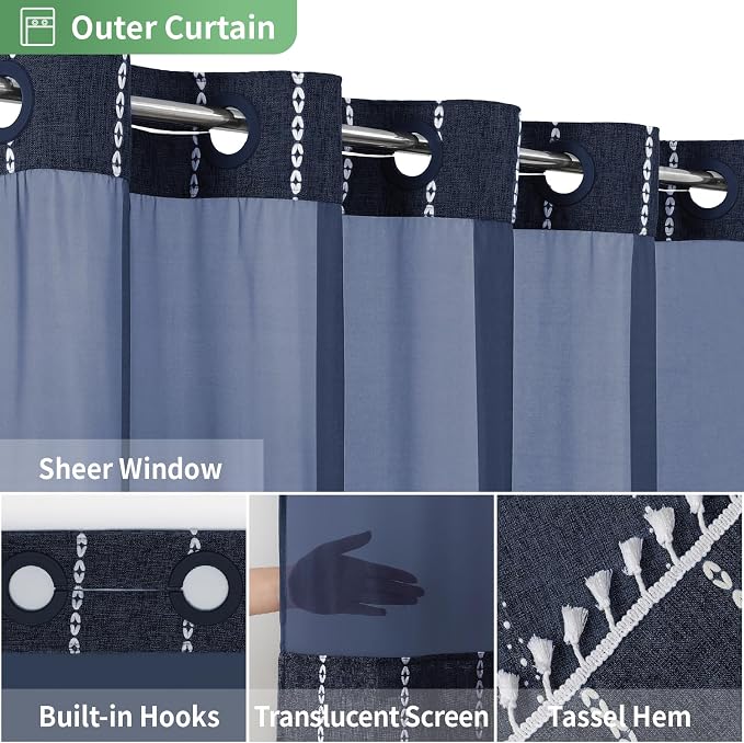eachope Boho Farmhouse No Hook Shower Curtain with Liner,71x74,Navy Blue | Snap-in Liner,330GSM Thick Linen Textured Rustic Striped Design,Water-Repellent with Tassels and Sheer Window for Bathroom