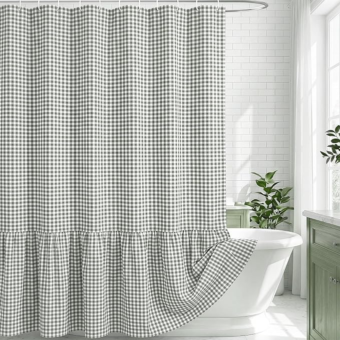 HunnmingRe Ruffle Hem Gingham Shower Curtain Sage Green | 72'' x 72'' Vintage Farmhouse Curtain, Cotton Cottage Core Rural Checkered Plaid Decor, Fall Shower Curtain for Bathroom