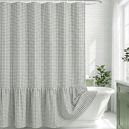 HunnmingRe Ruffle Hem Gingham Shower Curtain Sage Green | 72'' x 72'' Vintage Farmhouse Curtain, Cotton Cottage Core Rural Checkered Plaid Decor, Fall Shower Curtain for Bathroom