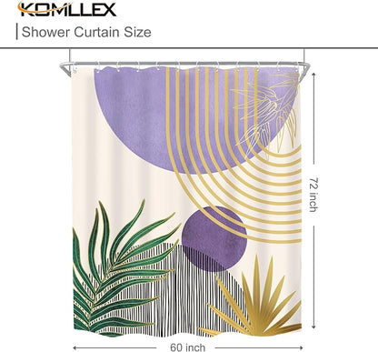 Mid Century Purple Green Boho Abstract Modern Bathroom Shower Curtain Set | 60Wx72L Gold design, waterproof HD print with fast-drying fabric and 12 hooks.