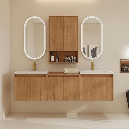 72" Bathroom Vanity Set, 72 Inch Modern Floating Vanity with 6 Doors and 1 Wall-Mounted Side Cabinet, Double Resin Sinks Wall Mount Cabinet Set, Open Storage Shelf, Imitative Oak