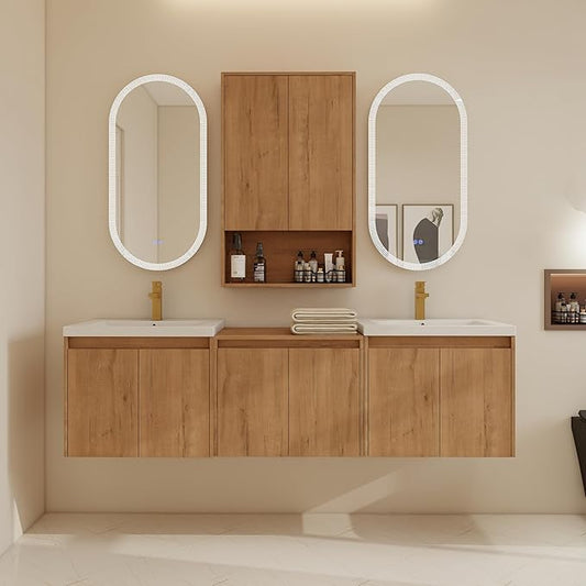72" Bathroom Vanity Set, 72 Inch Modern Floating Vanity with 6 Doors and 1 Wall-Mounted Side Cabinet, Double Resin Sinks Wall Mount Cabinet Set, Open Storage Shelf, Imitative Oak