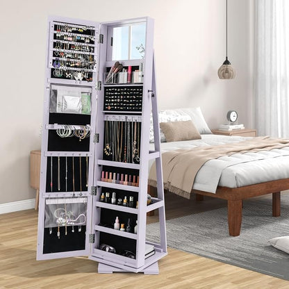 CHARMAID 360° Swivel Jewelry Armoire with Full Length Mirror, Standing Lockable Jewelry Cabinet Organizer, Large Storage Capacity, Inside Makeup Mirror, Back Storage Shelves (Lavender)