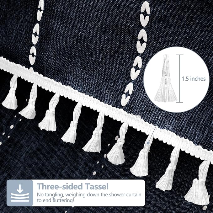Seenus 72 x 76 inch Extra Long Boho Chic Shower Curtain Heavyweight with Tassels, Navy Linen Textured Fabric Farmhouse Shower Curtain, Elegant White Striped Bathroom Curtain Water Repellent