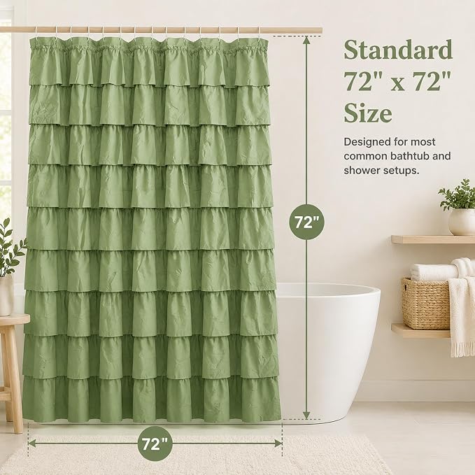 Sage Green Ruffle Shower Curtain for Bathroom, 72x72 inch, 1 Panel | Boho Cottage Chic Style, Soft Microfiber Fabric, Standard-Size Ruffled Curtain, 12 Hooks Included, Machine Washable, Opaque