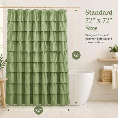 Sage Green Ruffle Shower Curtain for Bathroom, 72x72 inch, 1 Panel | Boho Cottage Chic Style, Soft Microfiber Fabric, Standard-Size Ruffled Curtain, 12 Hooks Included, Machine Washable, Opaque