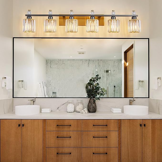 Bathroom Vanity Lights 6-Light Black Gold Modern Crystal Vanity Light Fixtures Over Mirror Crystal Bathroom Vanity Lighting Fixtures