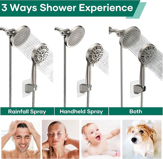 Shower Head with Handheld Spray Combo, Dual Rain Shower Head | High Pressure Performance, 10-Mode Spray Options, Replaceable Filter, Flexible 67" Hose, Durable Brushed Nickel Finish