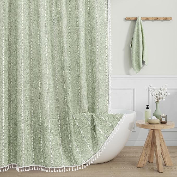 Boho Farmhouse Tassel Linen Shower Curtain,3D Embroidery Stripe Sage,72x96 | Extra Long Xl,310GSM Striped Texture Heavy Duty Cloth,Water Repellent,Wrinkle Resistant,Vintage Rustic Country design