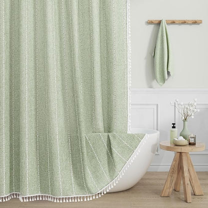 Boho Farmhouse Tassel Linen Shower Curtain,3D Embroidery Stripe Sage,72x96 | Extra Long Xl,310GSM Striped Texture Heavy Duty Cloth,Water Repellent,Wrinkle Resistant,Vintage Rustic Country design