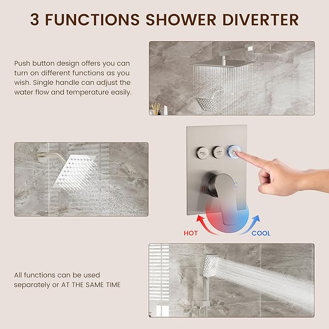 MONDAWE 12 Inch Wall Mounted Brushed Nickel Shower System, 3-Function Shower Faucet Set with Rainfall Dual Shower Head and High Pressure 4-Setting Handheld, All Functions Can be Used At the Same Time