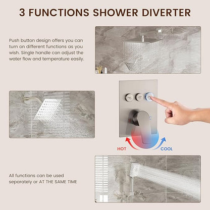 MONDAWE 12 Inch Wall Mounted Brushed Nickel Shower System, 3-Function Shower Faucet Set with Rainfall Dual Shower Head and High Pressure 4-Setting Handheld, All Functions Can be Used At the Same Time