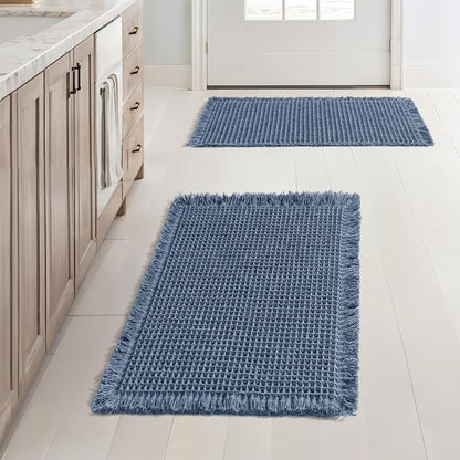 MIULEE Set of 2 Waffle Bathroom Rugs Boho Bath Mat Blue 17x24 Inch | Non Slip, Super Absorbent, Washable, Ultra Soft, Rubber Backed, Small Bath Rugs for Bathroom Floor Tub Shower