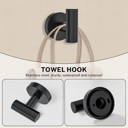 Matte Black Towel Bar Set 5-Piece Bathroom Hardware Accessories Set Includes 23.6in Towel Bar-Round Towel Ring-Toilet Paper Holder-Towel Hooks Stainless Steel Wall Mount Bathroom Towel Holder Set