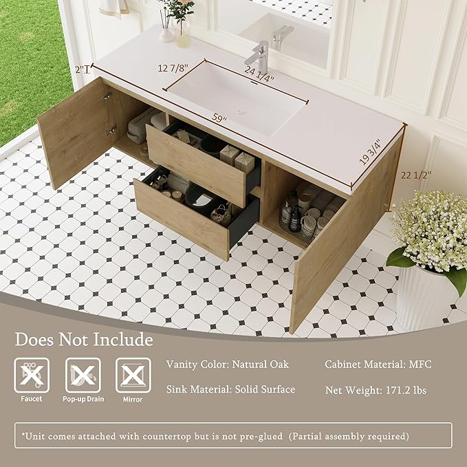 60 Inch Floating Bathroom Vanity with Single Sink, Modern Wall-Mounted Bathroom Vanity Storage Cabinet Organizer with 2 Soft Closing Doors & 2 Drawers (Natural Oak)