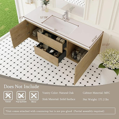 60 Inch Floating Bathroom Vanity with Single Sink, Modern Wall-Mounted Bathroom Vanity Storage Cabinet Organizer with 2 Soft Closing Doors & 2 Drawers (Natural Oak)