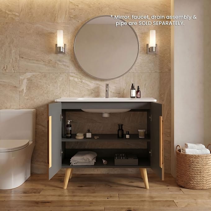 36" Modern Bathroom Vanity with Sink, Mid Century Modern Walnut Bathroom Cabinet with 2 Soft Close Doors, Large Storage with Adjustable Shelf