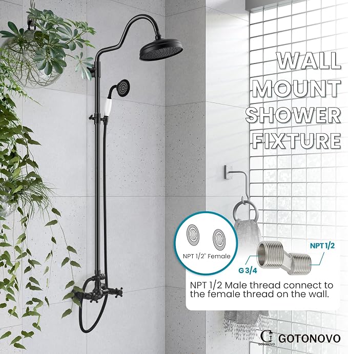 gotonovo Exposed Shower Faucet Set Luxury,Oil Rubbed Bronze,Curved Arc Rod | Bathroom 8” Shower Head with Handheld Spray System Fixtures,Vintage Two Cross Handle,Wall Mount,for 5-6.7" Hole,Adjust Height
