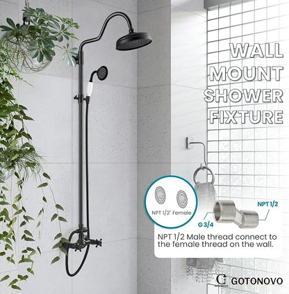 gotonovo Exposed Shower Faucet Set Luxury,Oil Rubbed Bronze,Curved Arc Rod | Bathroom 8” Shower Head with Handheld Spray System Fixtures,Vintage Two Cross Handle,Wall Mount,for 5-6.7" Hole,Adjust Height