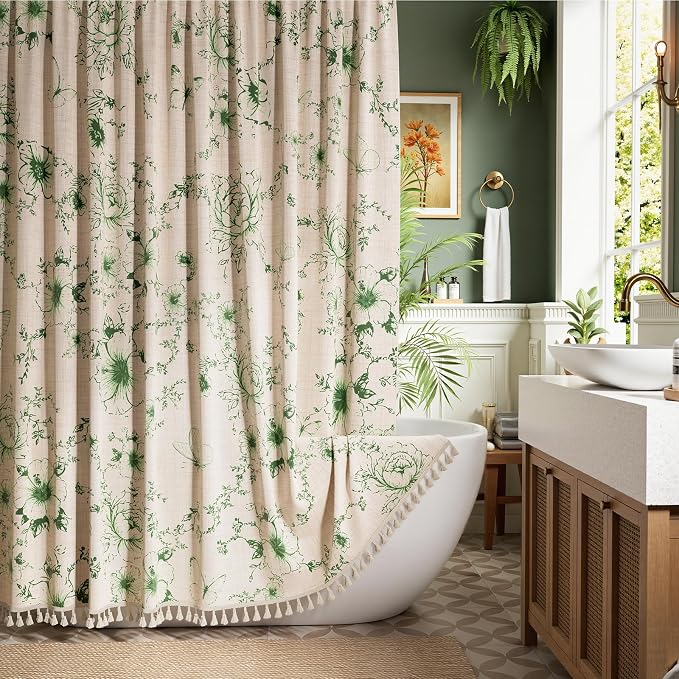 Vintage Green Floral Shower Curtain with 12 Clear Rings - 72" W x 84" L | Farmhouse Fabric Faux Linen Shower Curtain Set, French Country Cottagecore Style Shower Curtain for Bathroom