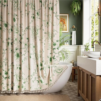 Vintage Green Floral Shower Curtain with 12 Clear Rings - 72" W x 84" L | Farmhouse Fabric Faux Linen Shower Curtain Set, French Country Cottagecore Style Shower Curtain for Bathroom