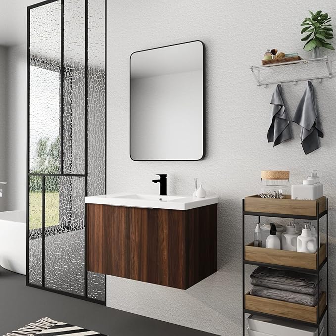 Henf 30inch Floating Bathroom Vanity Cabinet with Sink Combo, Modern Wall Mounted Solid Wood Cabinet with White Gel Basin Sink Bathroom Storage Cabinet with 2 Soft Close Doors